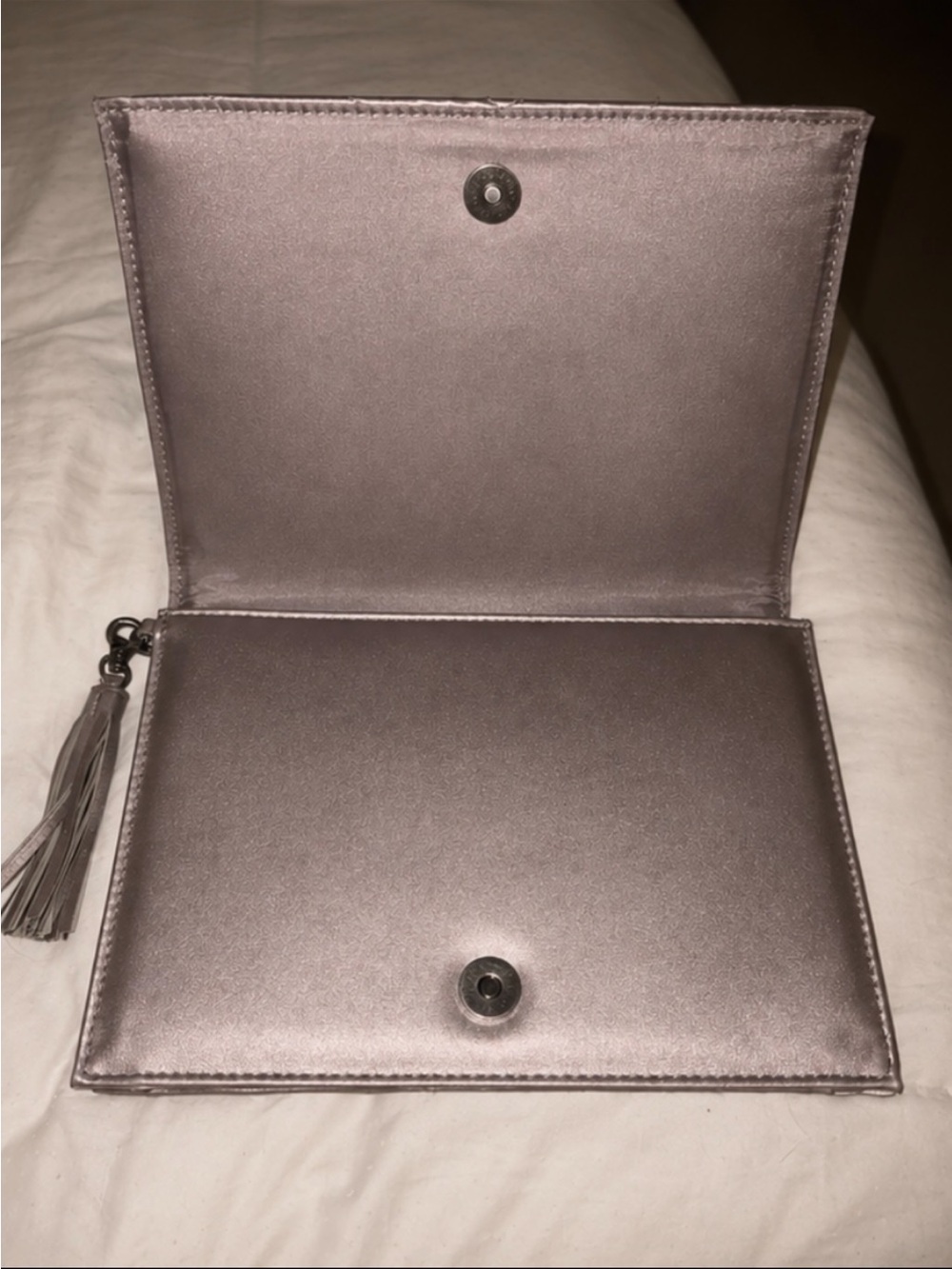 Neiman Marcus Quilted Chevron Tassel Wristlet Clutch - Taupe/Mauve Gray Gold - Picture 3 of 4